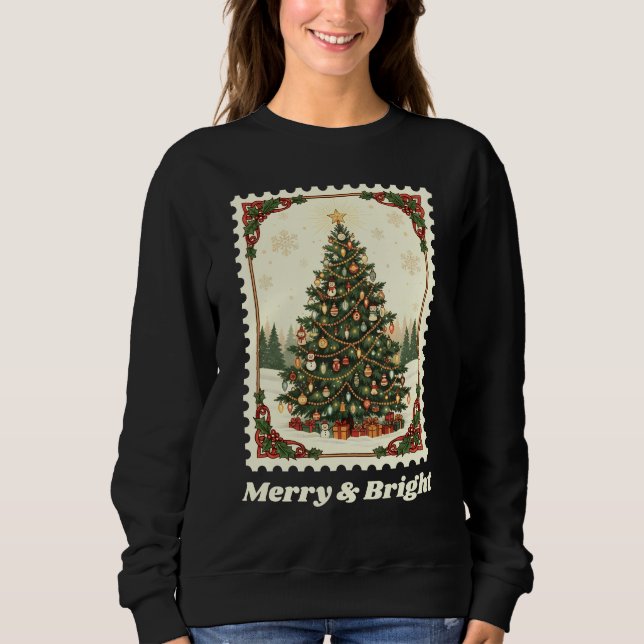 Retro Merry & Bright Christmas Tree Postage Stamp  Sweatshirt (Front)