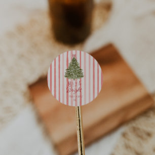 Retro Merry & Bright Red Stripes Christmas Tree Classic Round Sticker