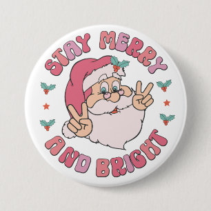 Retro Merry & Bright Santa 7.5 Cm Round Badge