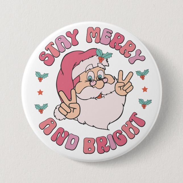 Retro Merry & Bright Santa 7.5 Cm Round Badge (Front)