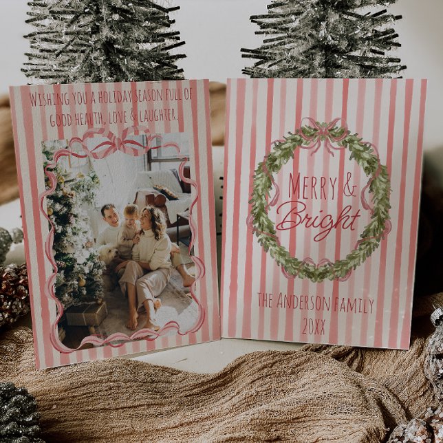 Retro Merry & Bright Stripes Christmas Bow Wreath Holiday Card (Creator Uploaded)