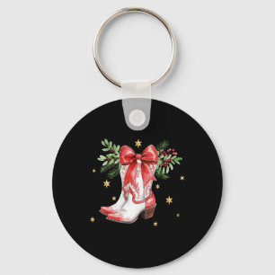 Retro Merry Christmas Coquette Bow Cowgirl Boots W Key Ring