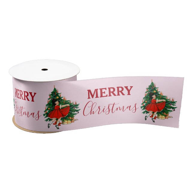 Retro Merry Christmas Girl Xmas Tree Pink Satin Ribbon (Spool)