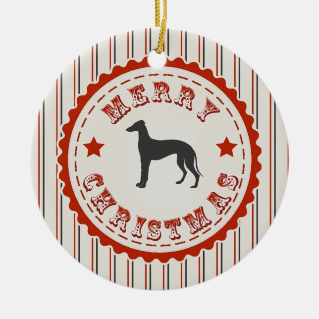 Retro Merry Christmas Greyhound Dog Ceramic Tree Decoration (Front)