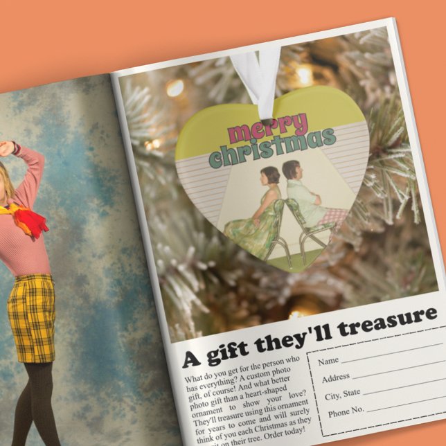 Retro Merry Christmas Heart-Shaped Photo Ornament (Creator Uploaded)