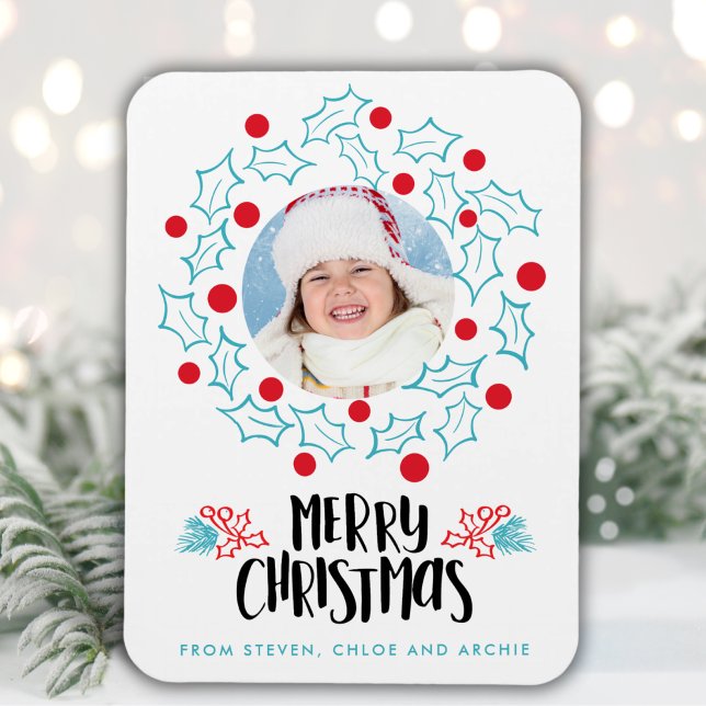 Retro Merry Christmas Holly Red Berries Photo Magnet (Creator Uploaded)