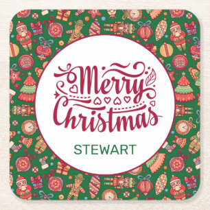 Retro Merry Christmas Personalised Square Paper Coaster