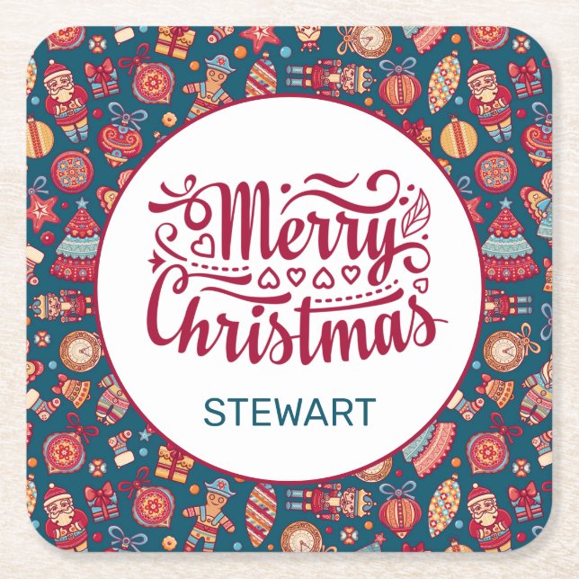 Retro Merry Christmas Personalised Square Paper Coaster (Front)