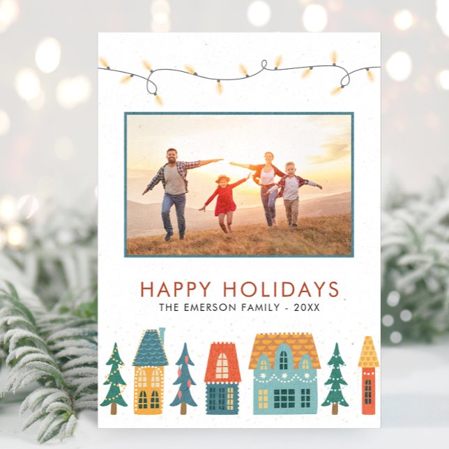 Retro Merry Christmas Photo Cards (Family Photo Cute Holiday Retro Houses Christmas Cards by Painted Paperie)