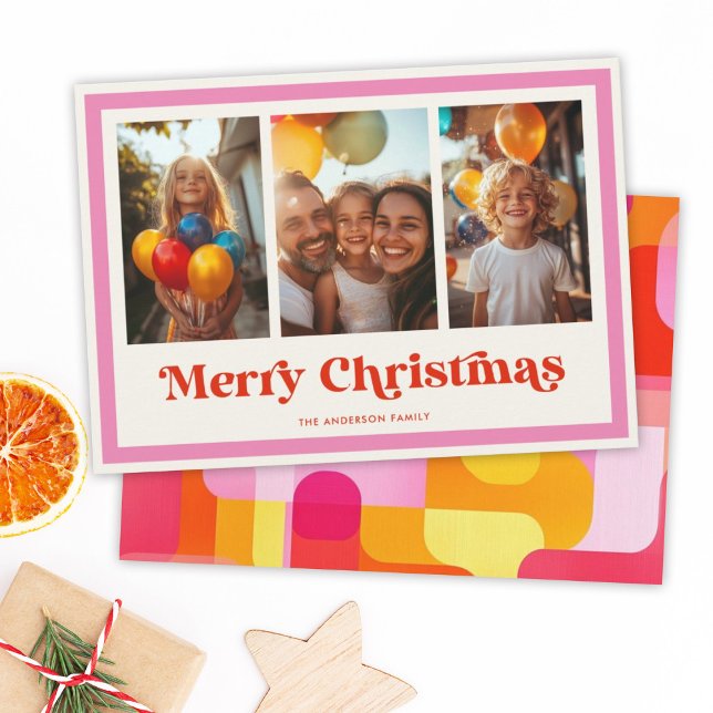 Retro Merry Christmas Pink Rainbow Frame 3 Photo Holiday Card (Creator Uploaded)