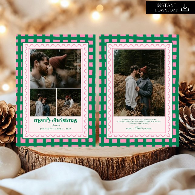 Retro Merry Christmas Plaid family Photo Holiday Card (Creator Uploaded)