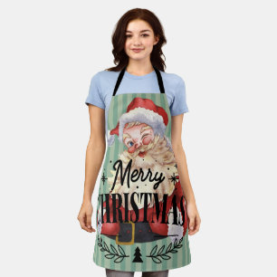 Retro Merry Christmas Red Santa Cute stripes Green Apron