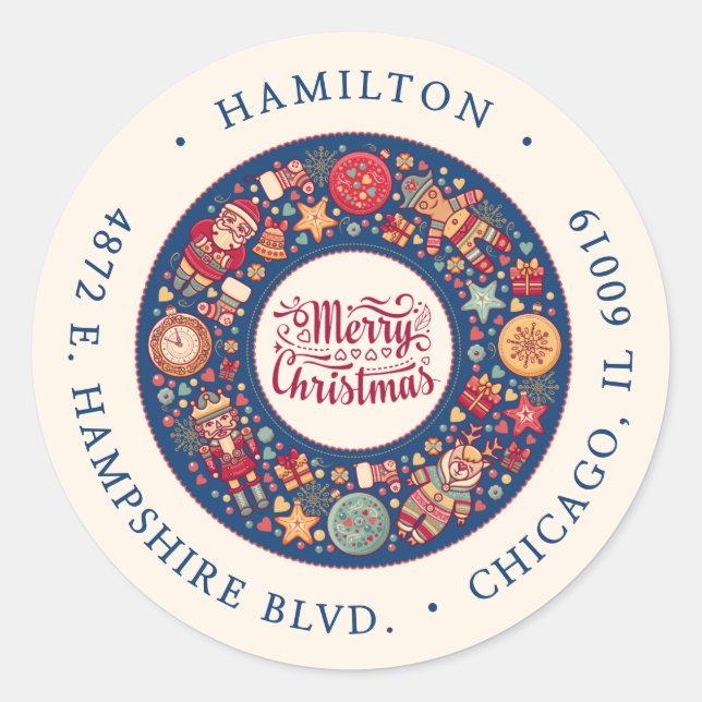 Retro Merry Christmas Return Address Classic Round Sticker (Front)