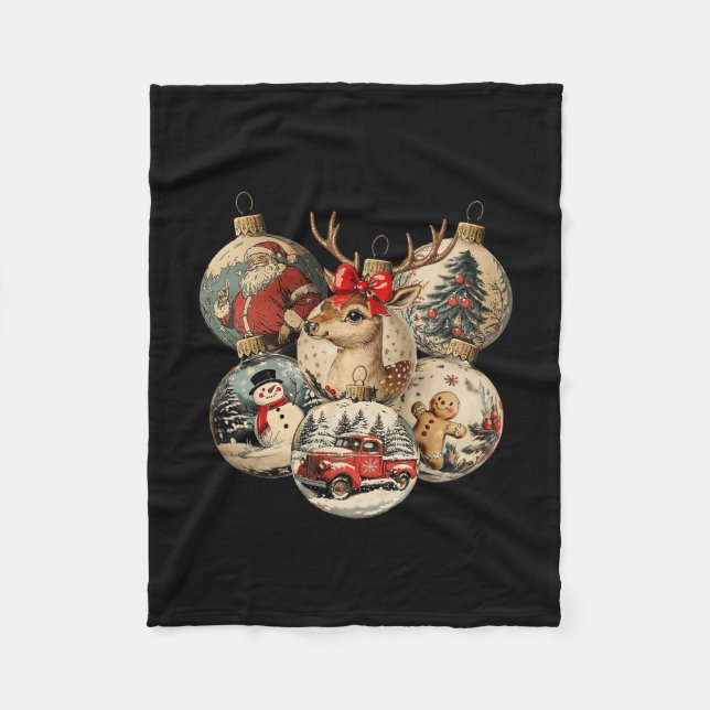 Retro Merry Christmas Santa Snowman Nutcracker Red Fleece Blanket (Front)