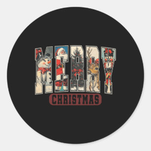 Retro Merry Christmas Santa Xmas Tree Snowman Nutc Classic Round Sticker