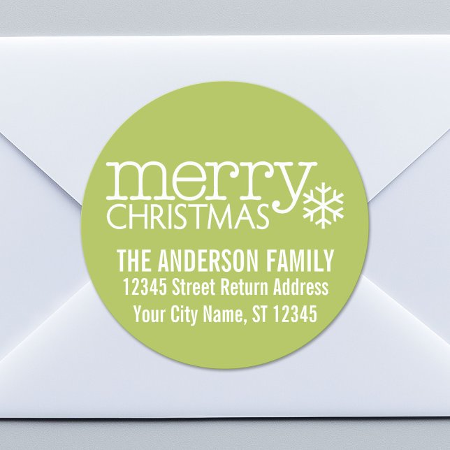 Retro Merry Christmas Snowflake - Lime Green Classic Round Sticker (Custom Return Address Sticker)