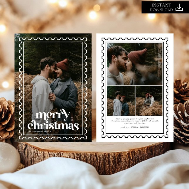 Retro Merry Christmas Stamp family Photo Holiday Card (Creator Uploaded)