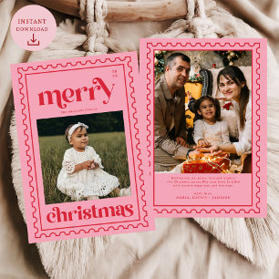 Retro Merry Christmas Stamp Photo Family Holiday Card