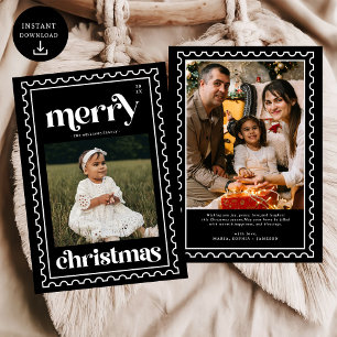 Retro Merry Christmas Stamp Photo Family  Holiday Card