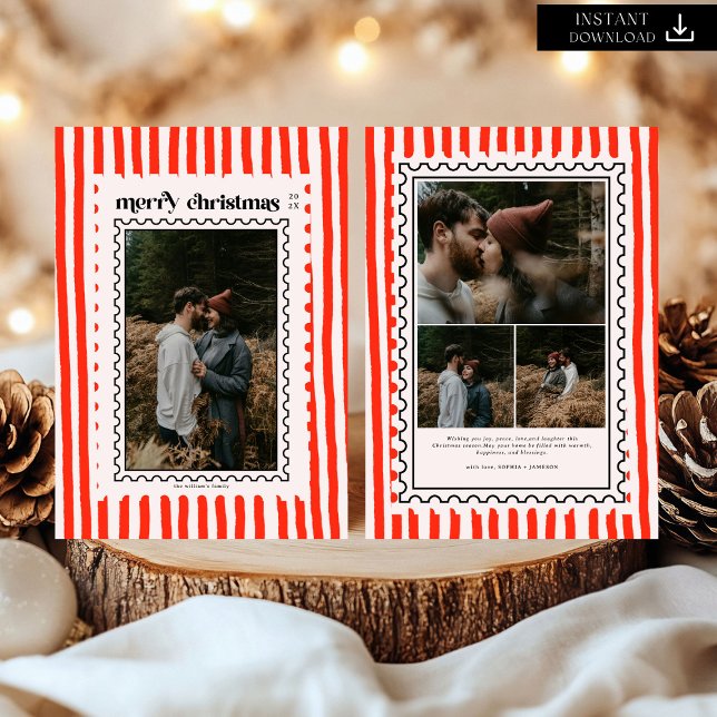 Retro Merry Christmas Stamp Sripes family Photo Holiday Card (Creator Uploaded)