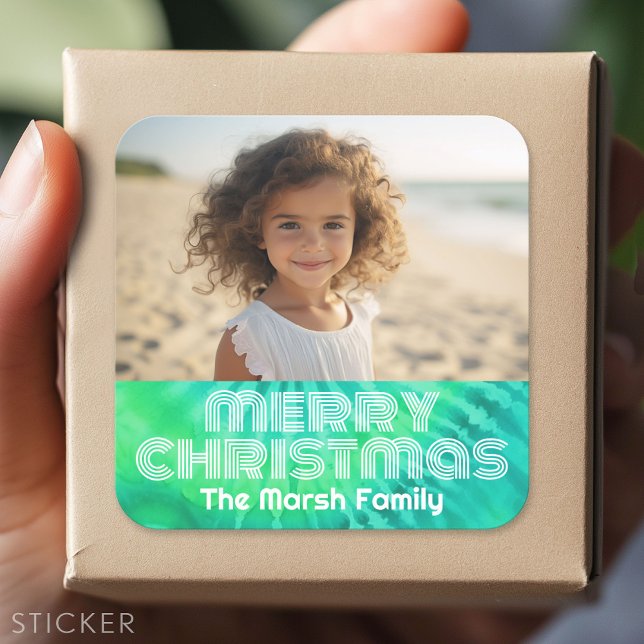 Retro Merry Christmas Tie-Dye Teal Photo 70s Vibe Square Sticker (Custom Sticker - Personalize with your info for a party favor or gift)