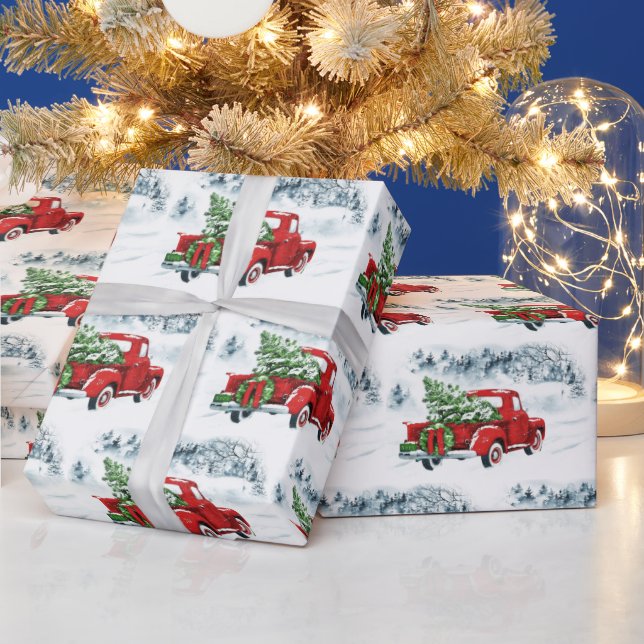 Retro Merry Christmas Tree Red Farm Truck Holiday Wrapping Paper (Holidays)