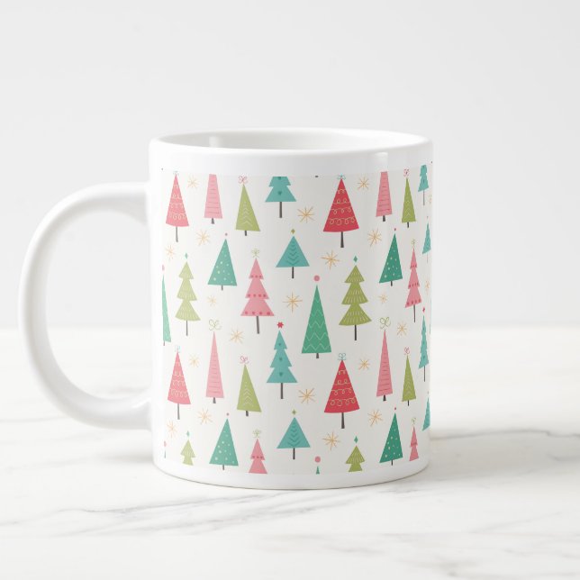 Retro Merry Christmas Trees Fun Holiday Pattern Large Coffee Mug (Left)