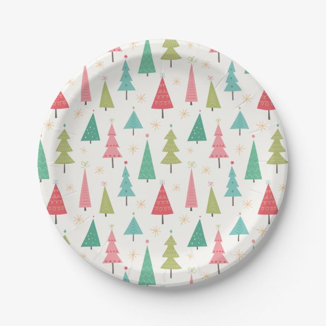 Retro Merry Christmas Trees Fun Holiday Pattern Paper Plate (Front)