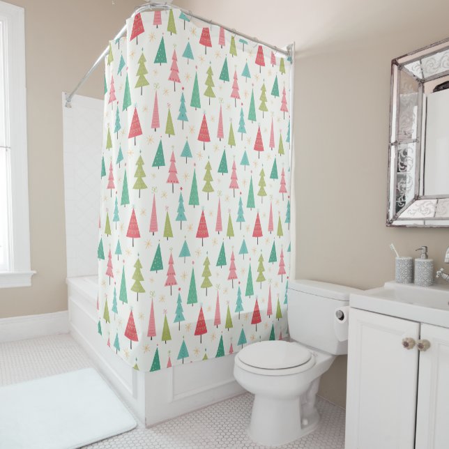 Retro Merry Christmas Trees Fun Holiday Pattern Shower Curtain (In Situ)