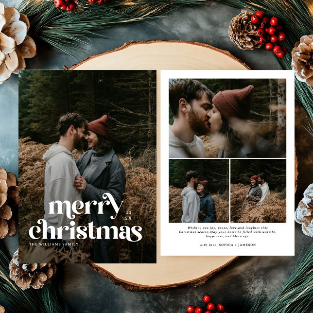 Retro Merry Christmas Trendy photo family  Holiday Card (Creator Uploaded)
