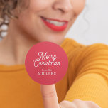 RETRO MERRY CHRISTMAS TYPOGRAPHY ON RED CLASSIC ROUND STICKER<br><div class="desc">Merry Christmas customisable white retro typography on a red background.</div>