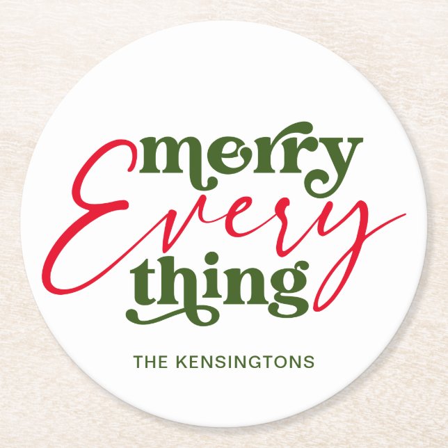 Retro Merry Everything Minimalist Holiday Round Paper Coaster (Front)