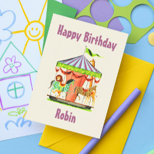 Retro Merry-Go-Round Child Name Happy Birthday Postcard