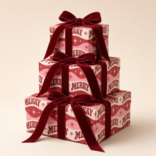 Retro Merry Pink Red Wavy Christmas Wrapping Paper