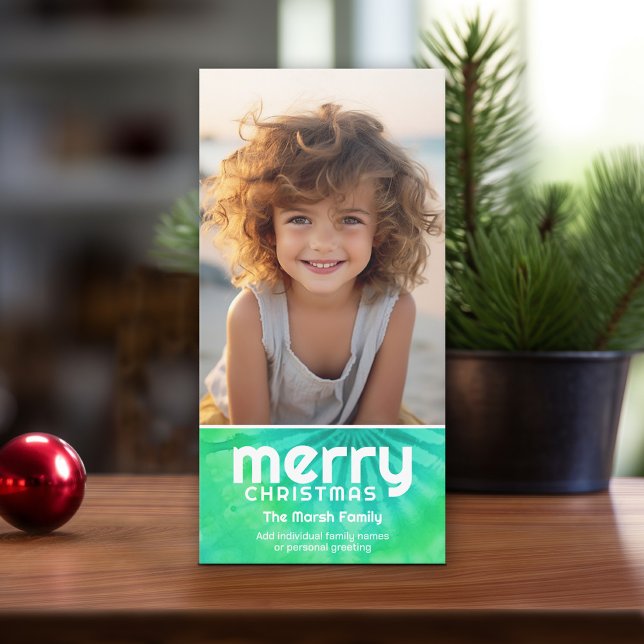 Retro MERRY - Tie-Dye Teal - 1 Photo - 70s Vibe Holiday Card (Fun tie dye design for a colorful Christmas holiday card.)