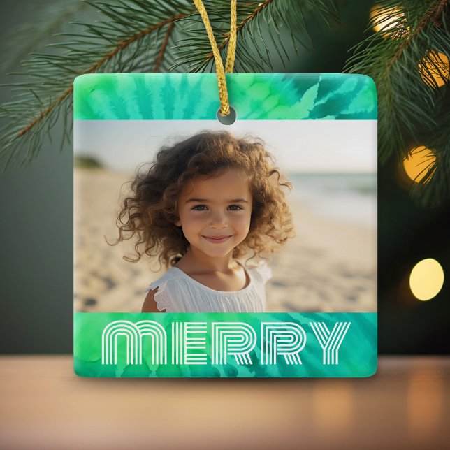 Retro MERRY - Tie-Dye Teal - Photo - 70s Vibe Ceramic Ornament (Personalized photo ornament)
