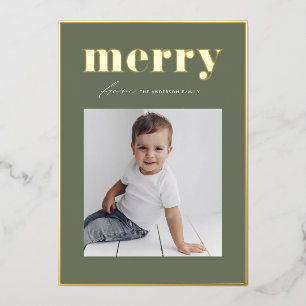 Retro Merry Typography Taupe Green Photo Christmas