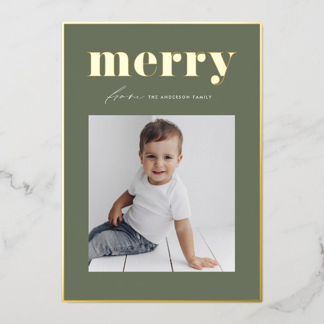 Retro Merry Typography Taupe Green Photo Christmas (Front)