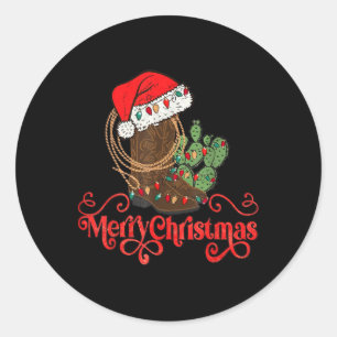 Retro Merry Xmas Santa Hat Cowboy Boots Western Ch Classic Round Sticker