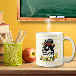 Retro Messy Bun Sunflower Leopard Stripes Teacher Coffee Mug