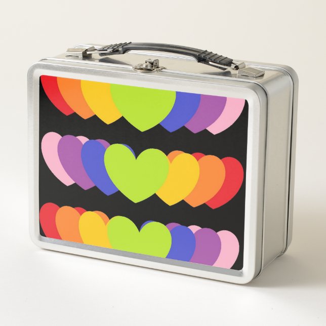 Retro Metal Lunchbox With Rainbow Hearts  (Front)