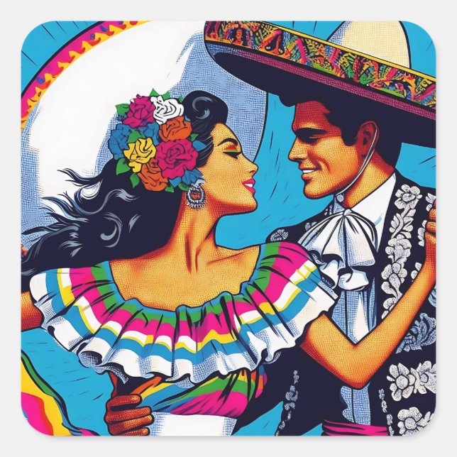 Retro Mexican Dance Folklórico Fiesta Square Sticker (Front)