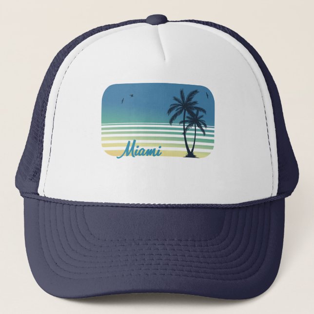 Retro Miami Beach Palm Tree party Sunset Souvenir Trucker Hat (Front)