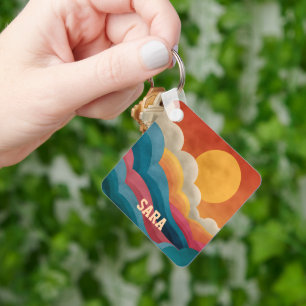 Retro Mid-Century Abstract Sunset Clouds Keychain