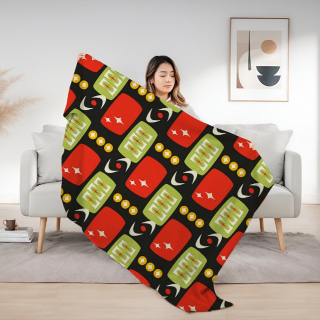 Retro Mid Century Atomic Black Red Green Pattern Sherpa Blanket (Creator Uploaded)