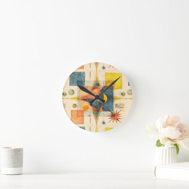Retro Mid Century Atomic Geometric Pattern Round Clock (Home)