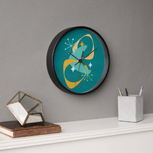 Retro Mid Century Atomic Space Age 20 Teal, Orange Clock