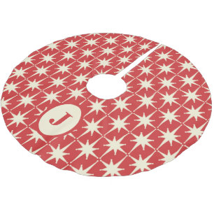 Retro Mid-Century Atomic Stars Pattern Red Initial Brushed Polyester Tree Skirt