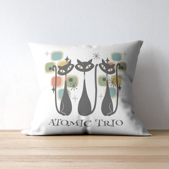 Retro Mid Century Black Atomic Cats MCM Cushion (Retro Mid Century Black Atomic Cats MCM Throw Pillow)