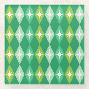 Retro Mid Century Christmas Diamonds Green Glass Coaster
